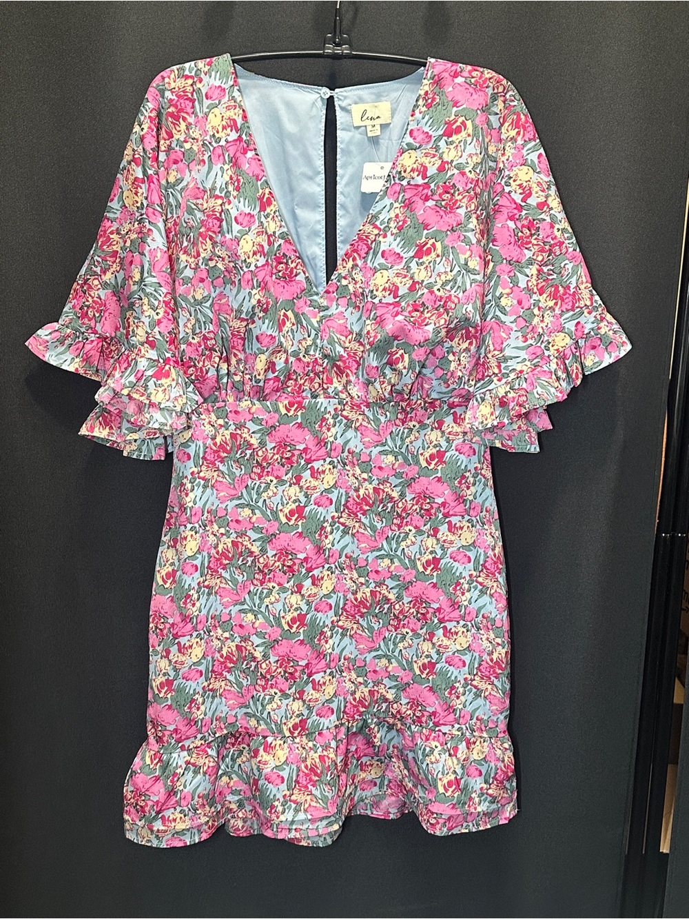 Lina Pink Floral Midi Dress with Blue Accents